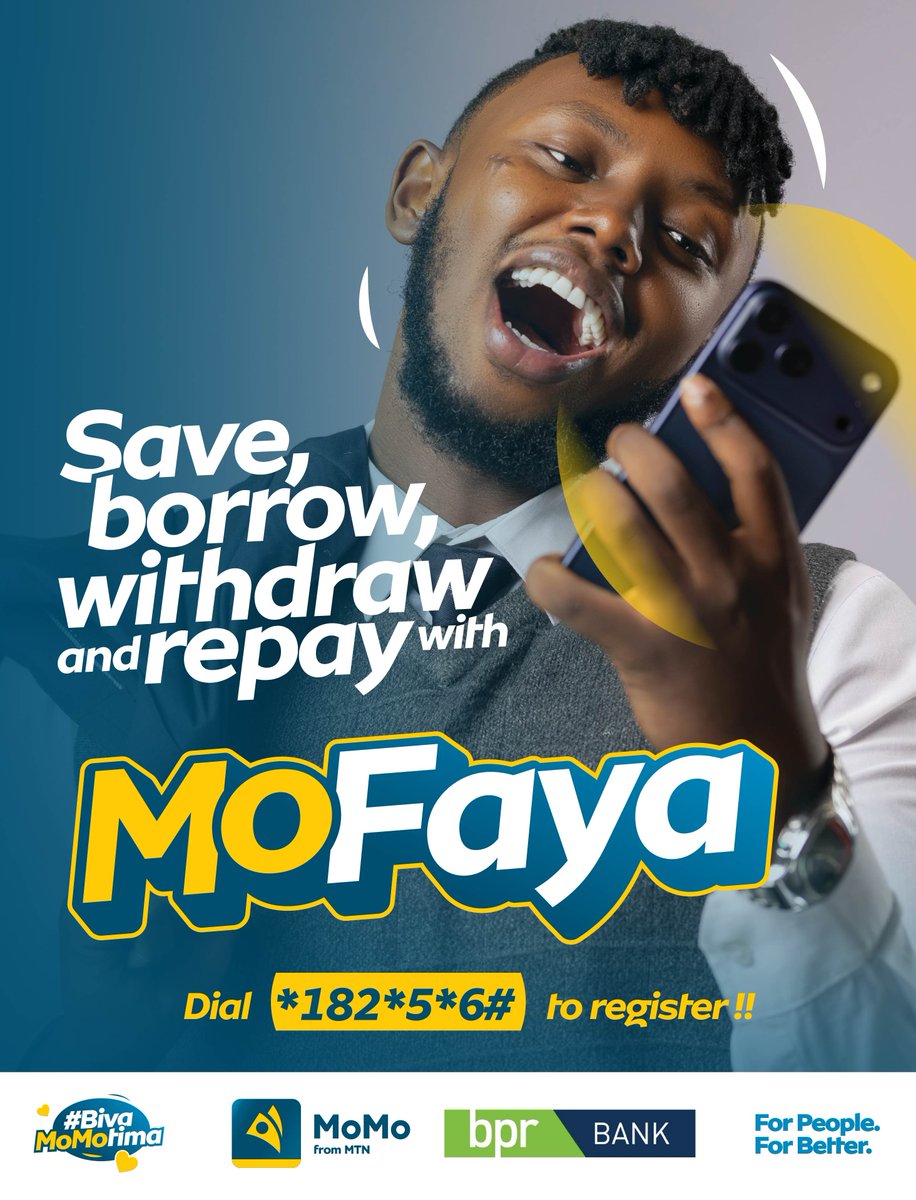BPRbankrw's tweet photo. Looking to grow your savings or need quick funds?
#MoFaya makes it easy to do both!
Save from as little as Rwf 100 and earn up to 7% interest per annum, or borrow from Rwf 1,500 up to Rwf 2,000,000 with the flexibility to top up your loan whenever you need to.
Dial *182*5*6# to register and get started.
#ForPeopleForBetter
#MoFayaa