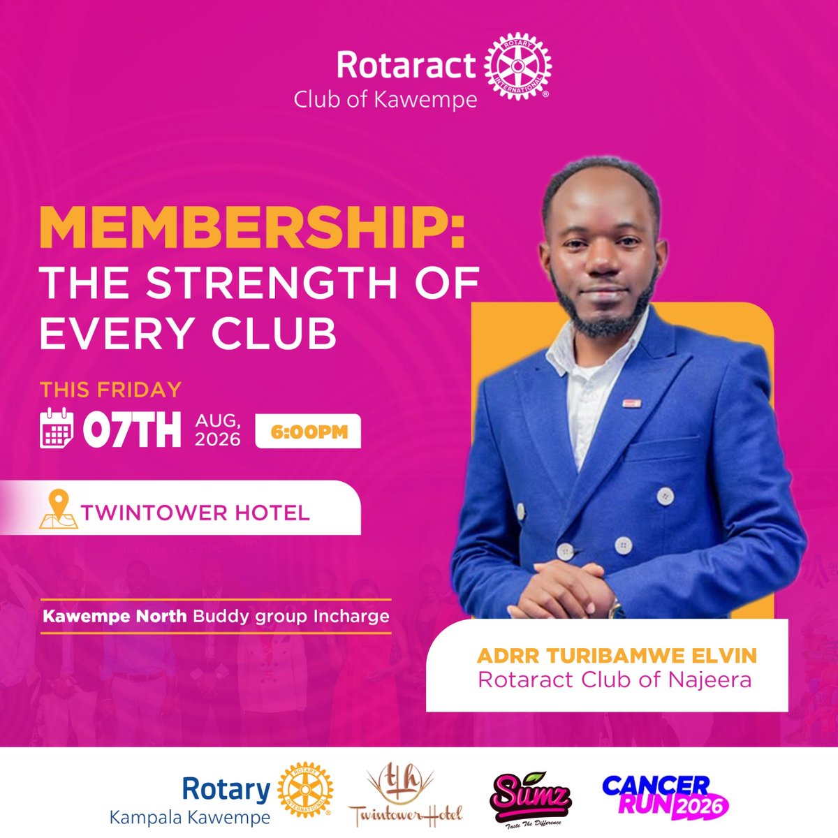 RctKawempe's tweet photo. A club is only as strong as its members.
The conversation on building vibrant, sustainable Rotaract clubs continues this Friday with ADRR Turibamwe Elvin.
#RotaractKawempe
#CreatingLastingImpact
#MembershipMatters https://t.co/NHSzOEOebF