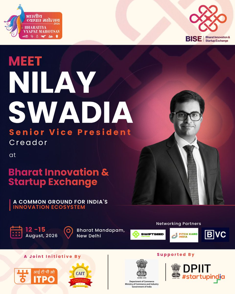 Bvm2026's tweet photo. We are delighted to welcome Nilay Swadia, Senior Vice President, Creador, to the Bharat Innovation & Startup Exchange (BISE).

A seasoned investment professional, Nilay focuses on identifying and scaling high-potential businesses across the financial services and consumer sectors. With deep expertise in private equity, capital markets, and strategic growth, he works closely with entrepreneurs and leadership teams to build resilient, value-driven businesses.

Join us for an engaging session!

📍 Bharat Mandapam, New Delhi
🗓️ 12–15 August 2026
👉 Book your stall now!
📝 Enquire Now: https://t.co/swbVeusjlO
📞 +91 7357957055 | +91 8859634623
📧 contactus@bvm2026.com
🌐 https://t.co/AiAOs1UFXP

A Joint Initiative of ITPO (A Govt. of India Company) and CAIT (Federation of 48,000+ Associations).