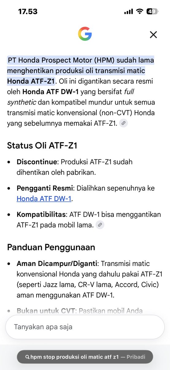 be_em_we323i's tweet photo. STOP PAKE OLI MATIC HONDA ATF Z1 DI MOBIL MATIC KONVENSIONAL (A/T) KARNA HPM UDAH STOP SALE DARI 2011 LALU DAN DI UPGRADE KE ATF DW-1. Penjelasan ada di video, liat sampe habis ya.. Semoga bermanfaat 🙏🏻 https://t.co/PRMkmWvFyL