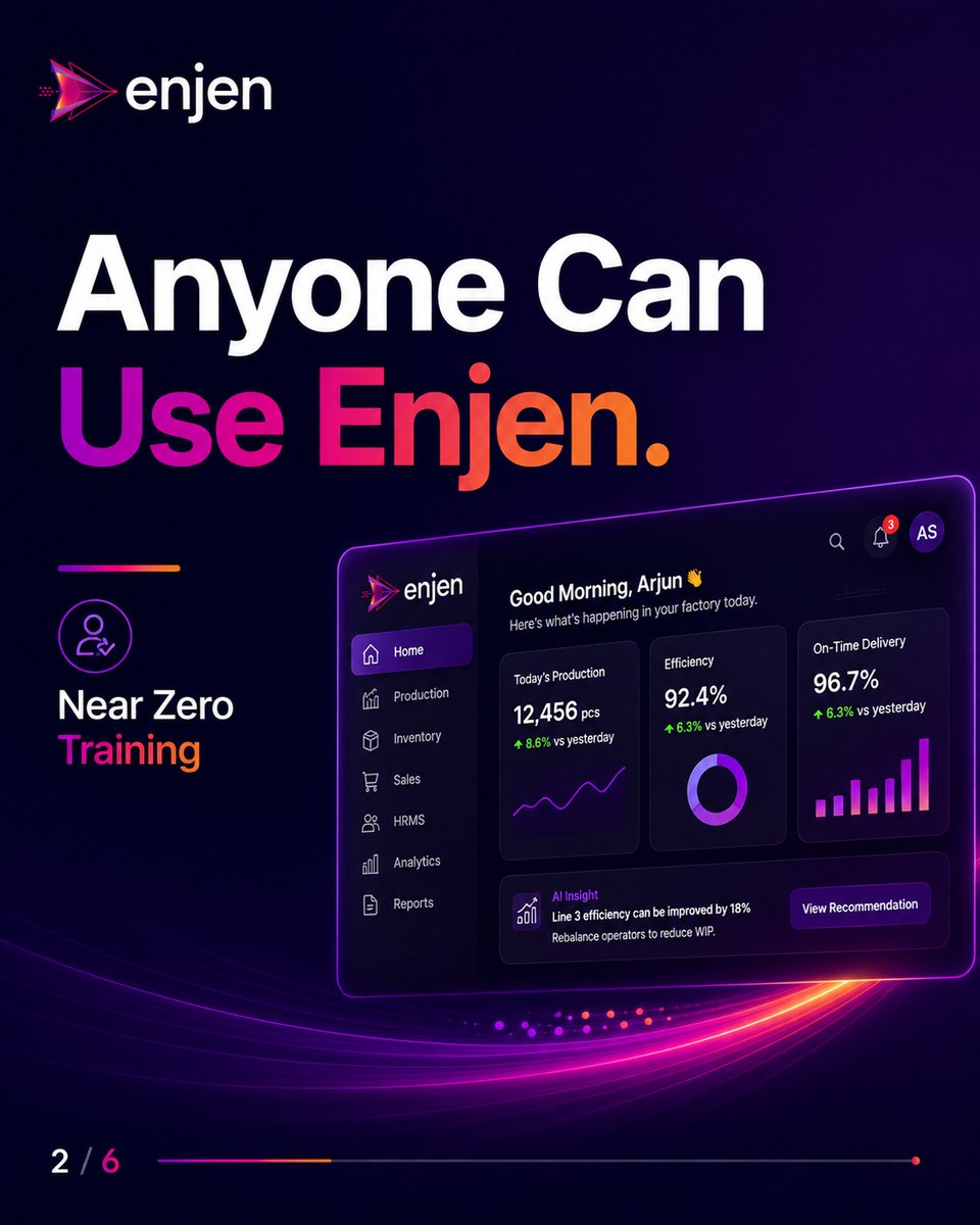 Enjenai's tweet photo. Most ERP rollouts don't fail at implementation.

They fail at adoption.

Here's what we built instead 🧵👇

#EnjenAI #ManufacturingERP #SmartManufacturing #AINativeERP https://t.co/vbjST2UrAm