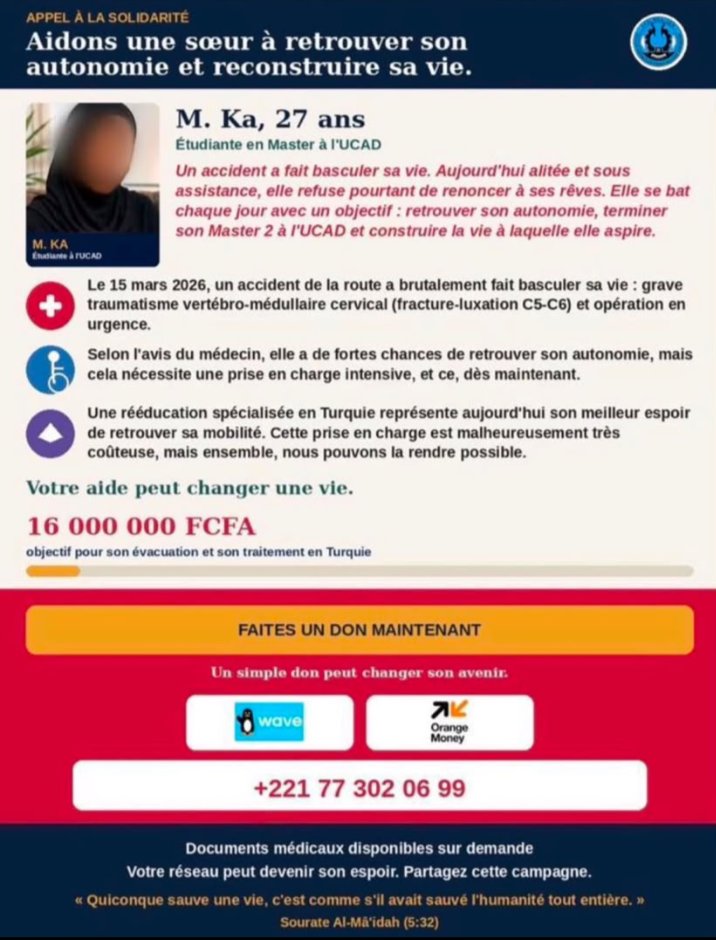 7edunom's tweet photo. Un accident a fait basculer sa vie. Aujourd'hui alitée et sous assistance, elle refuse pourtant de renoncer à ses rêves. Elle se bat chaque jour avec un objectif: retrouver son autonomie, terminer son Master 2 à l'UCAD et construire la vie à laquelle elle aspire.
https://t.co/6teGLv9kBW