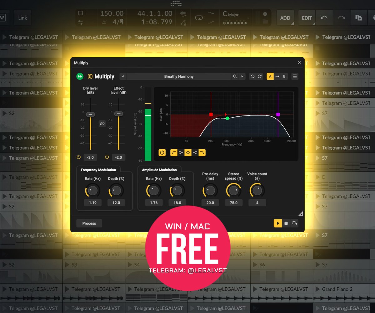 LEGAL_VST's tweet photo. Multiply 2 by @AconDigital 🎛️
Phase-rand 6-voice chorus/widening w/ EQ, pre-delay, amp/freq mod, mono/stereo
💻 Win/Mac (VST3/VST/AU/AAX)
🎁 FREE https://t.co/aeqMdzxvV2
More freeware 👉 https://t.co/okUqkdbah2
#freeplugin #widening #sounddesign #modulation #audioplugins https://t.co/uoGDDPyMWq