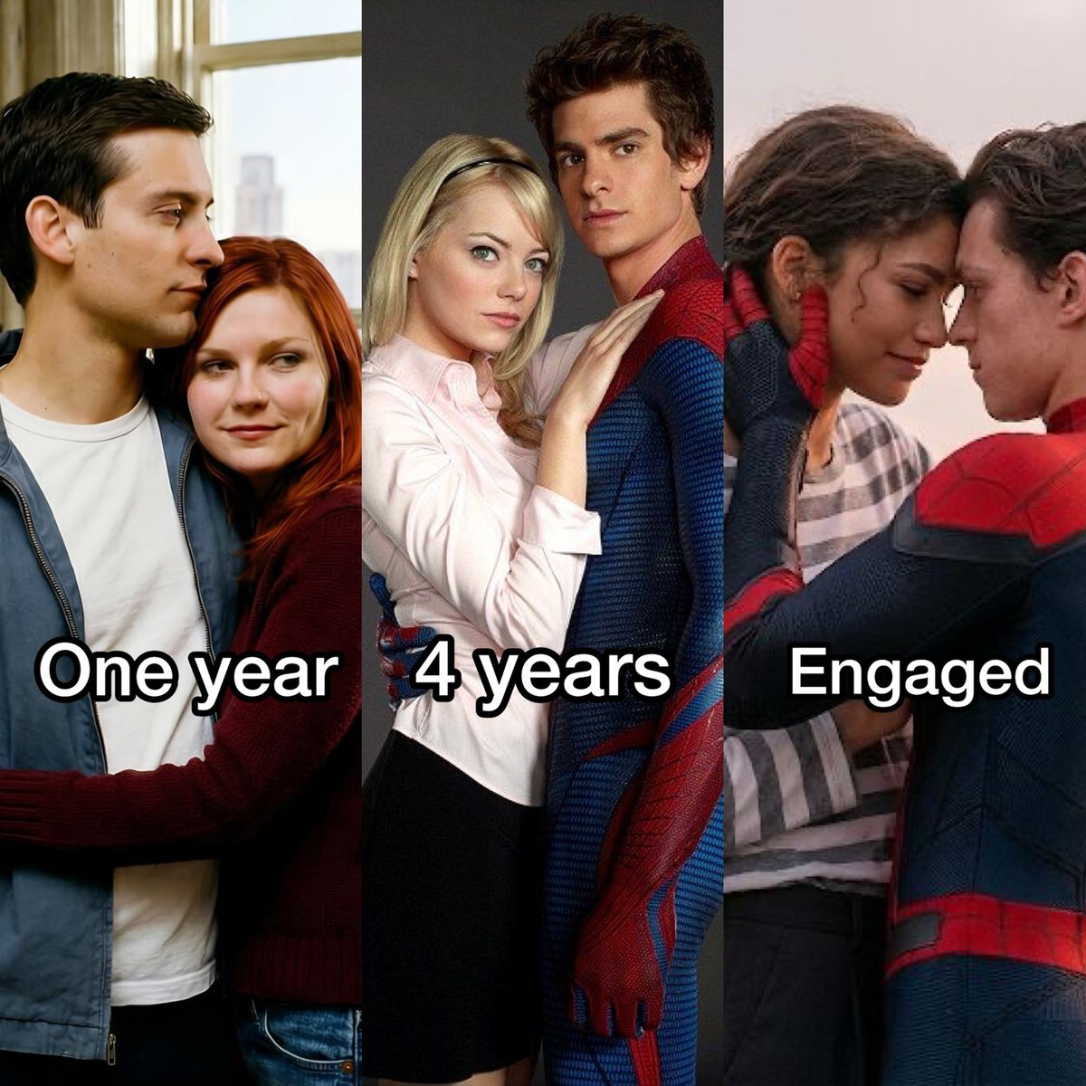 SaketxJane's tweet photo. It’s crazy that every SpiderMan has dated his on screen romantic partner in real life😭😭 https://t.co/XFH1uKWg96