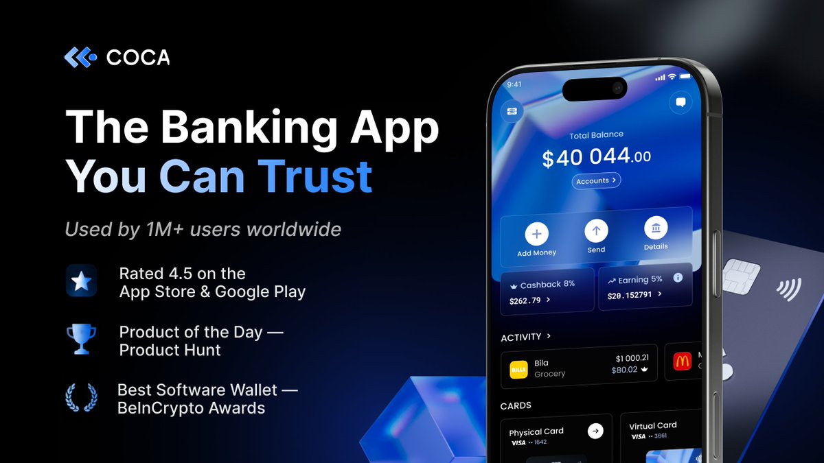 coca_card's tweet photo. In a market full of crypto cards, features are easy to copy. Trust isn't.

That's why we've focused on building an app people genuinely enjoy using every day — from banking and crypto to rewards and self-custody. https://t.co/6zdMBjk6E3