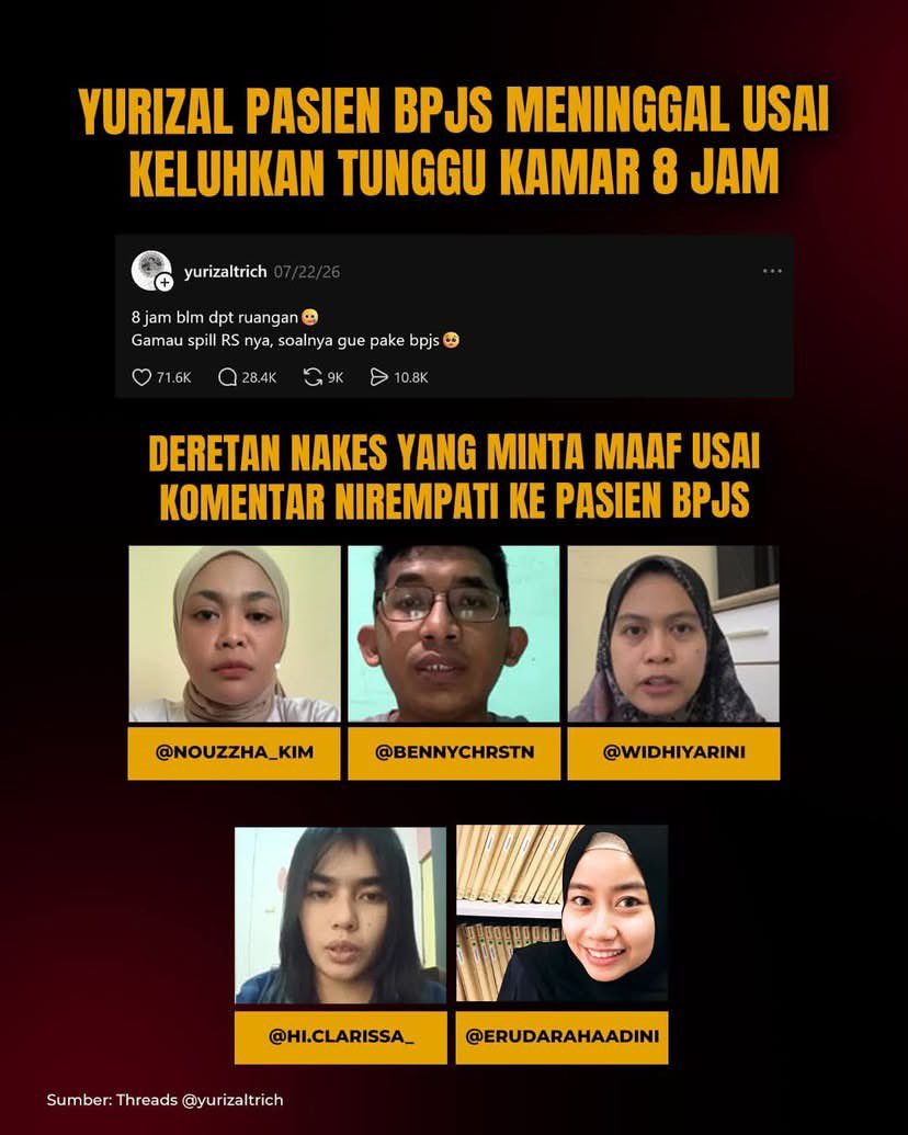 vebr34231's tweet photo. Ikatan Dokter Indonesia (IDI) menegaskan akan memproses dugaan pelanggaran etik yang dilakukan dokter dan bakes terkait komentar nirempati terhadap pasien BPJS di media sosial.

Jika terbukti melanggar Kode Etik Kedokteran Indonesia (KODEKI), dokter tersebut dapat dikenai sanksi sesuai tingkat pelanggarannya, mulai dari teguran hingga pemberhentian tetap dari keanggotaan IDI.

Gimana menurut kalian?

#Yurizaltrich #BPJS #Nakes #Doker #IDI

cc fgmedia.official
