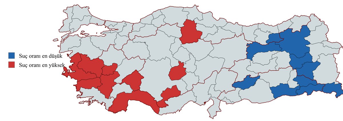 haritayikesIf's tweet photo. TÜİK'in verilerine göre suç oranı en düşük ve en yüksek 10 il.

Suç oranı en yüksek 10 şehir:
Aydın - Yüz binde 970
Denizli - Yüz binde 902
Çorum - Yüz binde 871
Antalya - Yüz binde 847
Aksaray - Yüz binde 838
Karaman - Yüz binde 836
Manisa - Yüz binde 834
Isparta - Yüz binde 828
İzmir - Yüz binde 801
Uşak - Yüz binde 801

Suç oranı en düşük iller:
Adıyaman - Yüz binde 156
Şırnak - Yüz binde 159
Bitlis - Yüz binde 175
Siirt - Yüz binde 175
Bayburt - Yüz binde 186
Muş - Yüz binde 188
Erzincan - Yüz binde 191
Hakkari - Yüz binde 192
Mardin - Yüz binde 194
Erzurum - Yüz binde 196