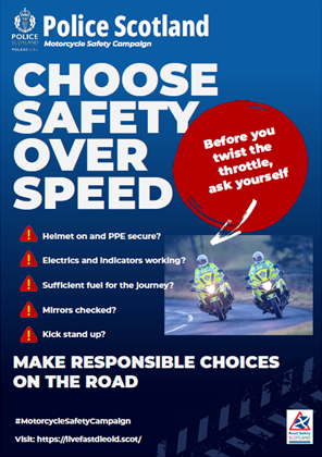 PSOSWestLothian's tweet photo. Choose Safety over speed

Before you twist the throttle, ask yourself

!Helmet on and PPE secure?
!Electrics and indicators working?
!Sufficient fuel for the journey?
!Mirrors checked?
!Kick stand up?

Make responsible choices on the road   

#MotorcycleSafetyCampaign #DriveSmart https://t.co/DeuIei5GkU