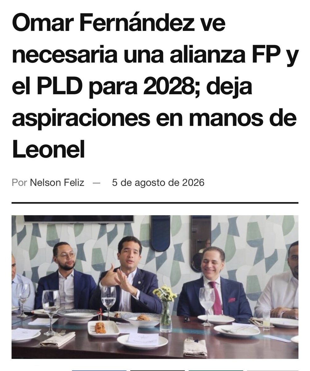 drhsalazar's tweet photo. OMAR Y SUS VERDADES

A barajar de nuevo en la oposición, sobretodo en la Fuerza del Pueblo, con la declaraciones de Omar Fernández en Santiago donde pone las cosas en su lugar, y sobretodo descubre situaciones que se están dando hacia dentro de ese partido que vale la pena resaltar.

Llama la atención que fueran difundidas por el jefe de prensa de la FP, Pedro Jiménez, a quien conozco hace muchos años y dudo mucho que lo hiciera sin consultar a la única alta instancia que tiene ese partido que es Leonel Fernández.

En primer lugar Omar plantea que “ve necesaria una alianza entre la Fuerza del Pueblo y el Partido de la Liberación Dominicana, con esto se pone por encima de las discusiones, insultos y estupideces que han caracterizado la relación entre los antiguos compañeros de proyecto político en los últimos años.

¡Sin alianza y unidad no ganamos!, parece ser la opinión de Omar, contraria a los “genios” que en ese partido ya tienen repartidos los cargos en el supuesto gobierno del 2028.

En segundo lugar, Omar dejó sus aspiraciones a ser candidato en manos de Leonel, lo que confirma que si hay competencia por la candidatura de la FP, que sí aspira a encabezar la boleta, que eso queda en manos de que Leonel Fernández, su padre, le “de luz verde”, tremenda responsabilidad, puso el balón en la cancha de su progenitor.

Entonces, se van callando los de la “banda de los cuatro” que han asumido la estrategia de que “eso ya está decidido”, pues la decisión de quien será el candidato queda en manos del “líder” Leonel Fernández.

Y además, Omar agrega una declaración personal que demuestra es un ser humano que entiende su papel en esta sociedad, “el día que tenga que decir una cosa contraria a lo que siento, perdería sentido estar en esto”.

Se construye un nuevo escenario político en la República Dominicana.