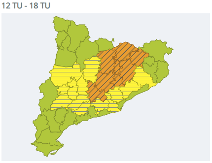 emergenciescat's tweet photo. ⭕ Augmenta la probabilitat i extensió dels avisos per intensitat de pluja aquesta tarda i vespre

➡️ #ProteccióCivil demana molta prudència, ja que els xàfecs poden anar acompanyats de tempesta i localment ratxes molt fortes de vent i calamarsa

Més ℹ️https://t.co/ViqPw3zrRP https://t.co/VfUZaNgOtk