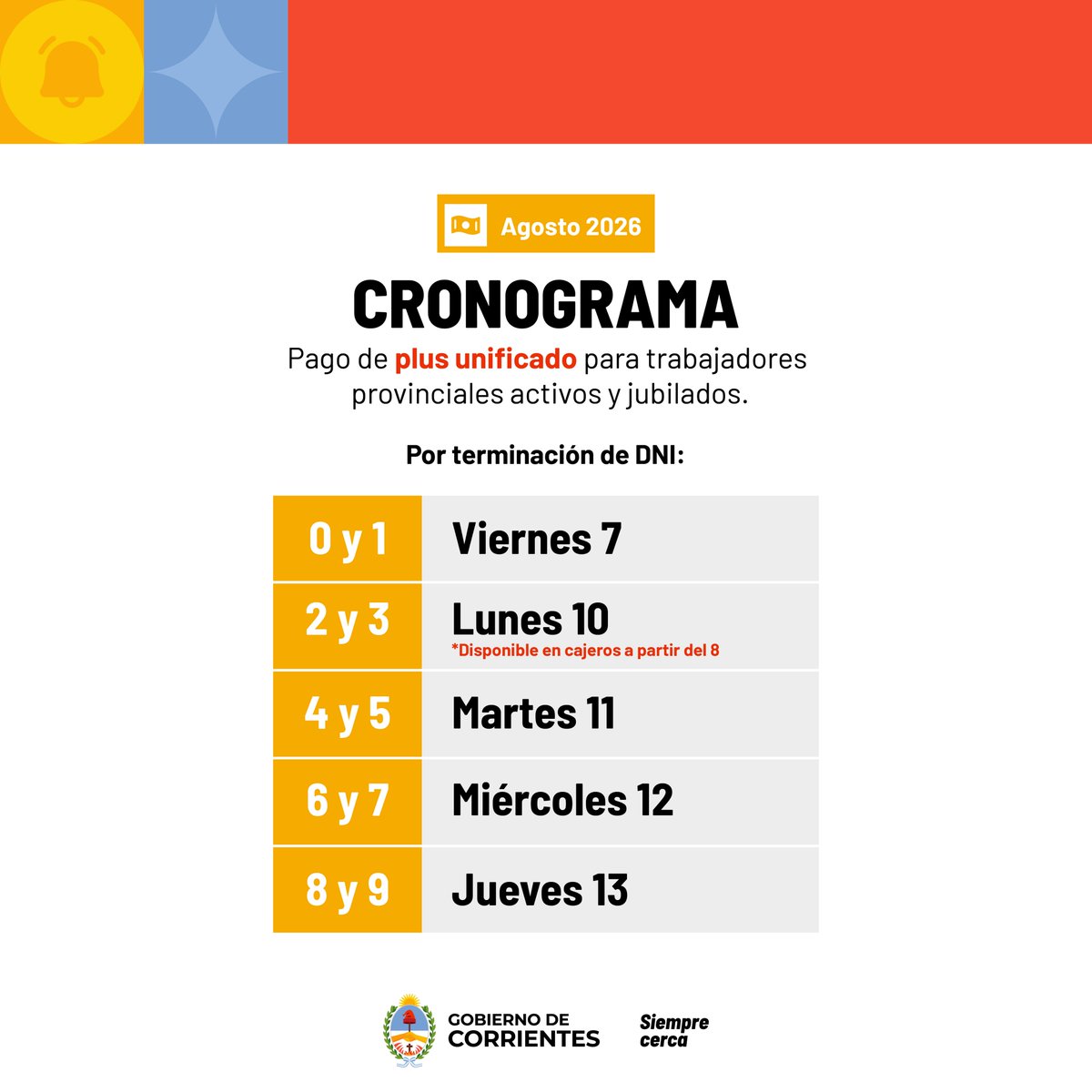CorrientesGob's tweet photo. CRONOGRAMA| El pago del Plus Unificado del mes de agosto para trabajadores provinciales activos y jubilados será por terminación de DNI.

* En cajeros: a partir del sábado 8 para documentos terminados en 2 y 3. https://t.co/db5A0ZrafX