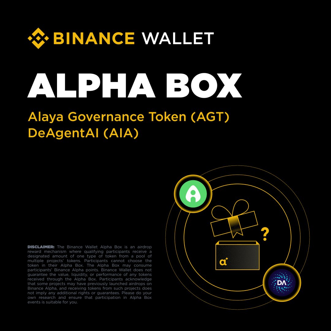 BinanceWallet's tweet photo. The Binance Alpha Box is now live!

This event uses the updated Alpha Box model, with the airdrop pool consisting of tokens from two projects: Alaya Governance Token (AGT) and DeAgentAI (AIA). Users holding at least 245 Binance Alpha points can claim one token airdrop on the Alpha Events page. 

Upon claiming, users will be placed into different reward tiers and receive one of the following rewards: 1870, 2335, or 6666 AGT tokens; 432, 540, or 1538 AIA tokens. Rewards are distributed on a first-come, first-served basis.

If rewards are not fully distributed, the points threshold will automatically decrease by 5 points every 5 minutes.

Please note that claiming the airdrop will consume 15 Binance Alpha Points. Users must confirm their claim on the Alpha Events page within 24 hours; otherwise, it will be deemed that users have given up claiming the airdrop.
