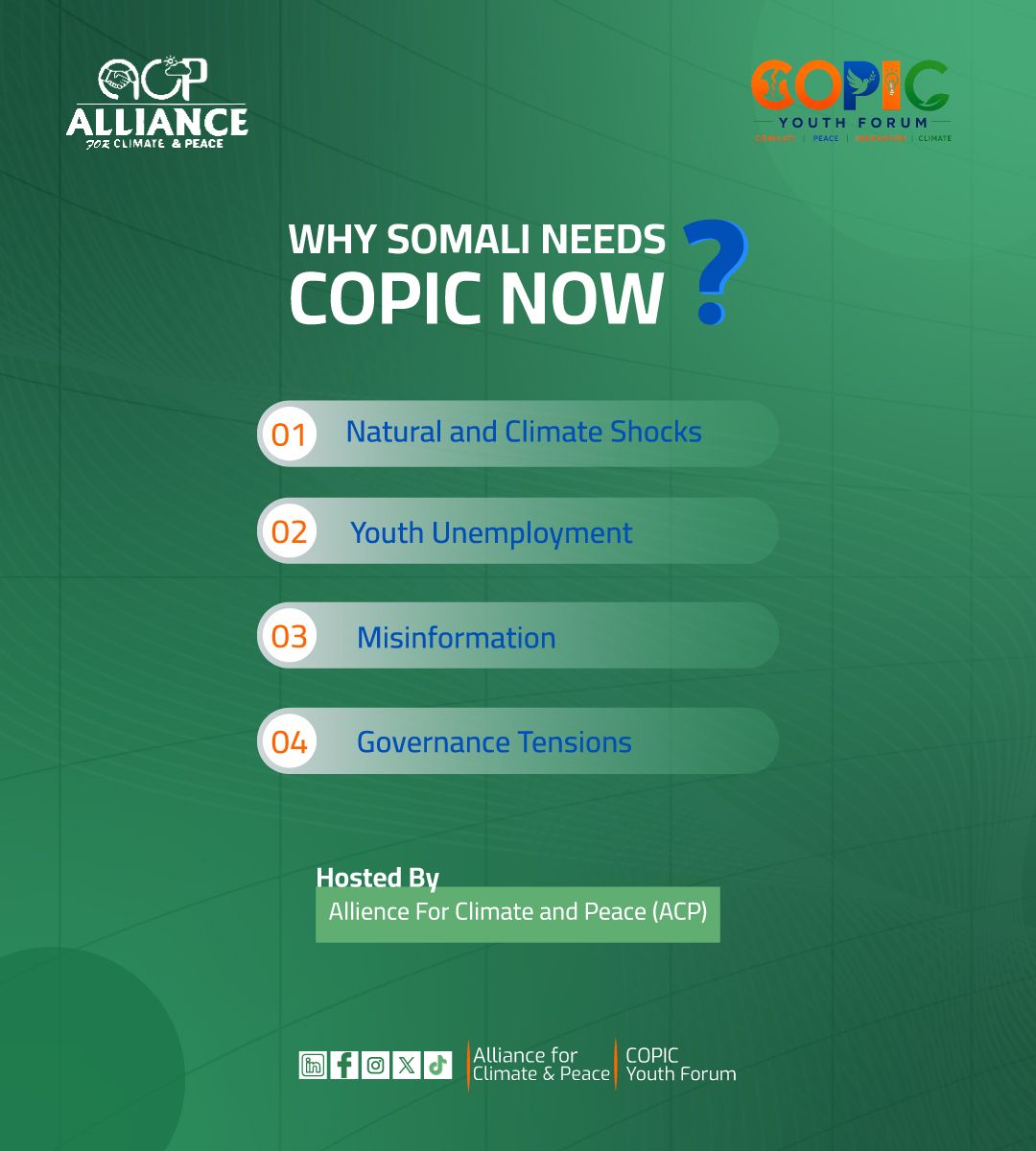 Allianc4Climate's tweet photo. Why Somalia Needs COPIC Youth Forum Now?
Somalia is currently facing interconnected challenges that threaten peace, stability, and sustainable development, including natural disasters, recurring droughts, climate-related shocks, and the forecasted El Niño impacts. https://t.co/mxQtXJFQMO