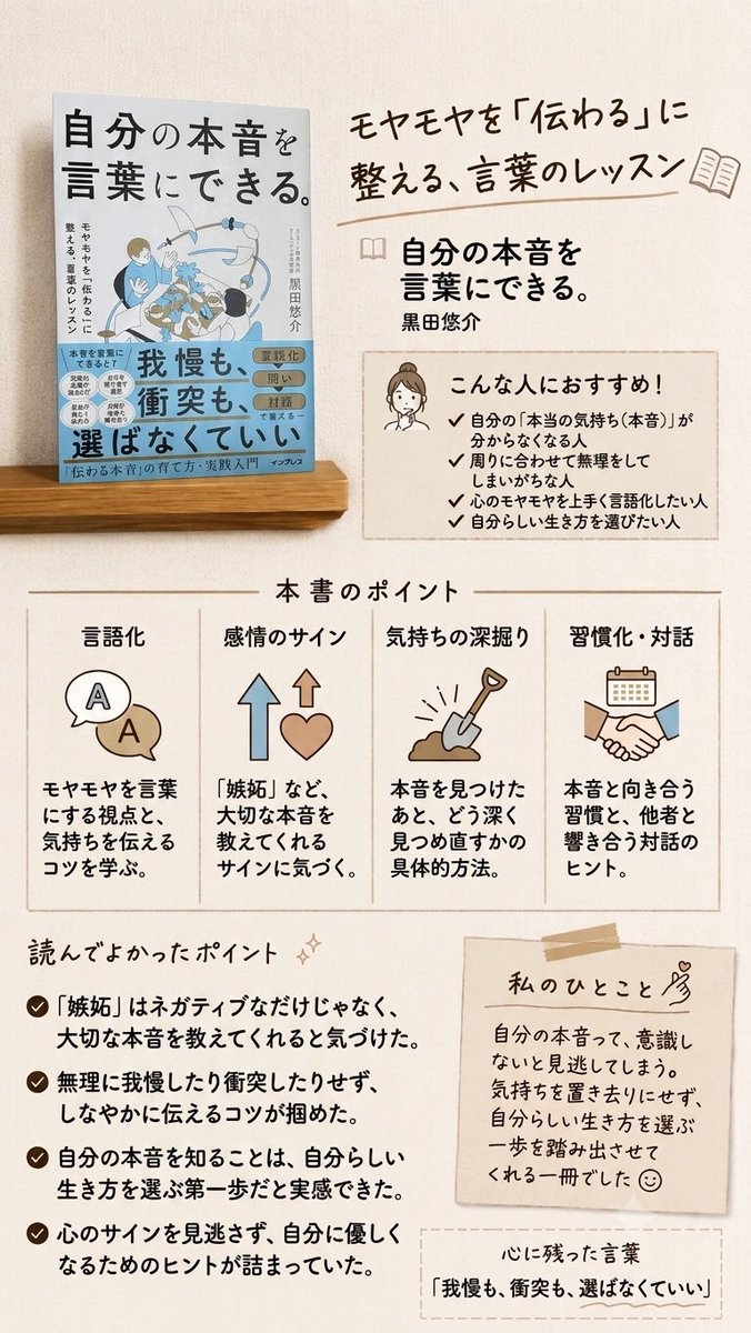 anz725's tweet photo. 📙 《 自分の本音を言葉にできる。モヤモヤを「伝わる」に整える、言葉のレッスン 》

#読了 #読書記録

自分の本音って、意識して向き合わないと意外と見逃してしまうものなのかもしれない。

私もできるだけ自分に優しくできるように、自分の気持ちや本音と向き合うようにしているけれど、気づけば無理をしてしまうことがあります。

「そもそも本音ってなんだっけ？」

そんな人にも、この本には見逃してほしくない心のサインがたくさん書かれていました✨

例えば「嫉妬」。
嫉妬ってネガティブな感情だと思いがちだけど、実はとても大切なサイン👀

誰かに対して感じる気持ちの奥には、
「自分が本当に大切にしたいもの」
「自分が望んでいること」
が隠れていることもある。

他にも、自分の本音に気づくためのヒントがたくさん。
（続きはぜひ本書で📖）

そして、本音を見つけたあとにどう向き合っていくのか。
気持ちを深掘りする方法や、習慣にしていくためのヒントも紹介されています。

私は、自分の本音を知ることは「自分らしい生き方」を選ぶための大切な一歩だと思っています。

これからも自分の気持ちを置き去りにしないために、参考にしていきたい一冊でした😊