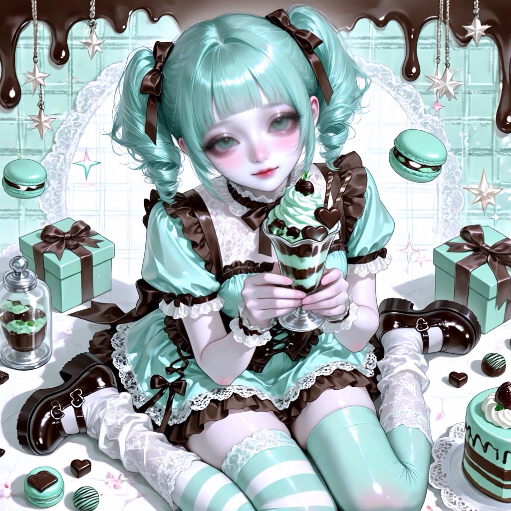 yytmgff's tweet photo. チョコミント×ロリータ🍫️🩵

プロンプト配布🤎
モデロラで違い出ると思いますT^T

3枚目スクショしたらコピペできます♩
既出でしたらごめんなさい‼️ https://t.co/H8Xat2rZlj