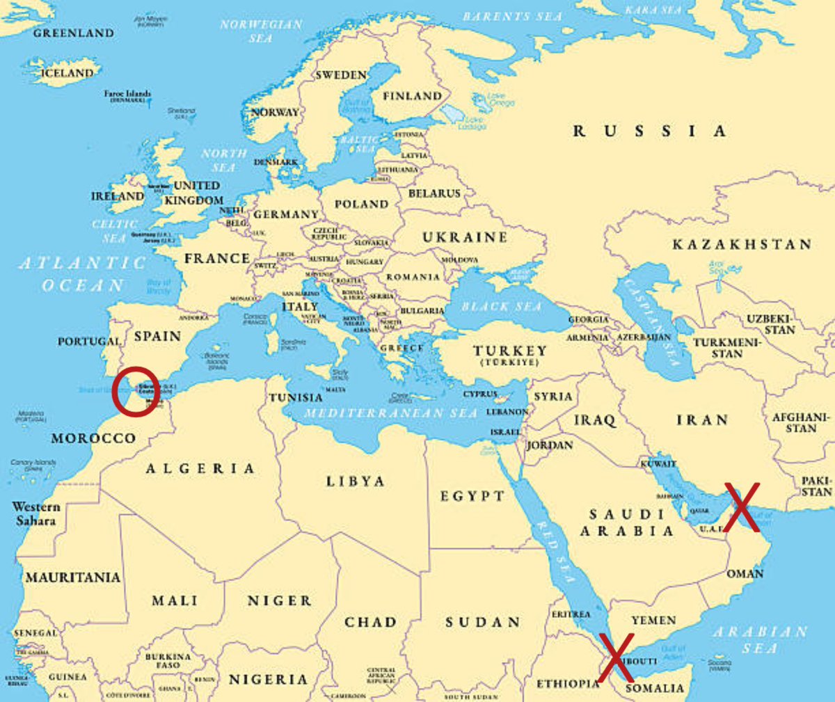 hispano_studies's tweet photo. The three major chokepoints of the Afroeurasian continent:

🇪🇸 Strait of Gibraltar 
🇮🇷 Strait of Hormuz
🇾🇪 Bab al-Mandeb https://t.co/OnOfkZzgtr