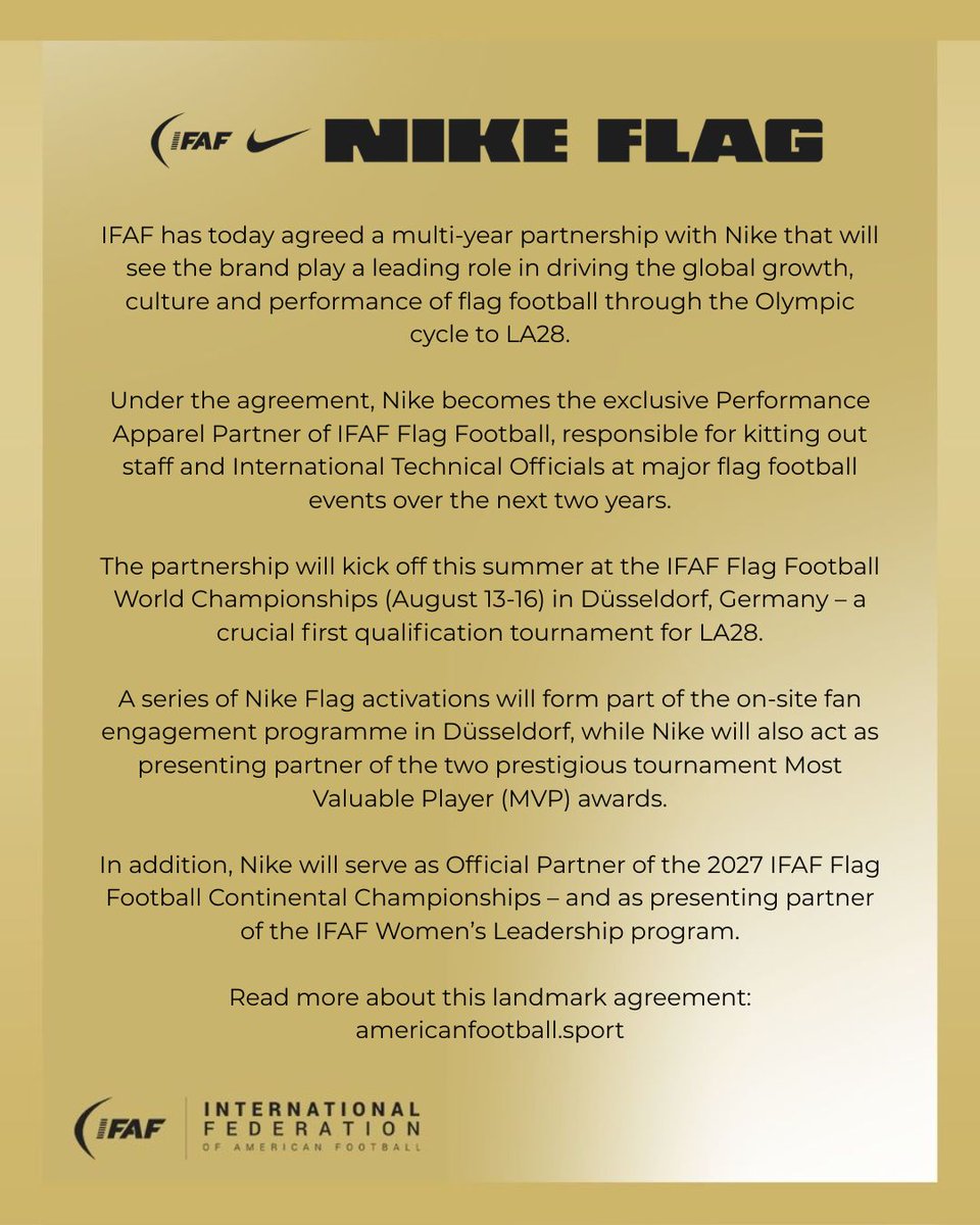 IFAFMedia's tweet photo. HQ Announcement.

Read more about this landmark agreement: 
https://t.co/2awAzTUOZZ

#FlagFootball #IFAF https://t.co/vds1CW8Aab