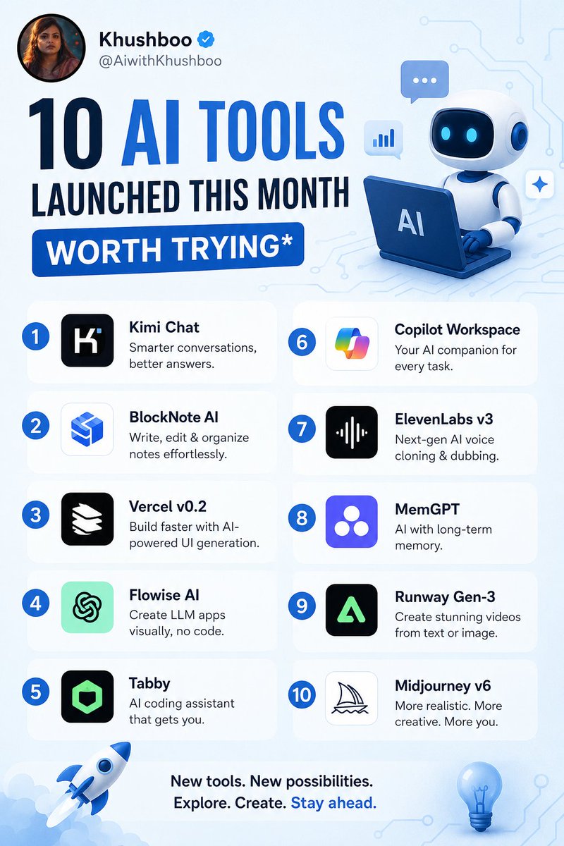 AiwithKhushbo's tweet photo. ☘️Every month, dozens of AI tools launch.
Most disappear. A few genuinely save time.

Here are 10 AI tools launched this month that are actually worth tryin

🧵 10 AI Tools Launched This Month Worth Trying 👇 https://t.co/qAjBv2A6mV