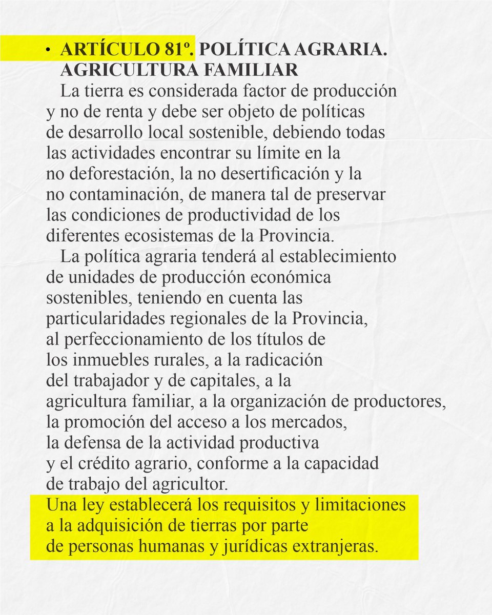 ArielPuy's tweet photo. La Rioja no está en venta.
Y no lo va a estar.

En La Rioja, la defensa de la tierra es una política pública, no un mero discurso. Y eso se refleja en acciones concretas.

✅ Mientras el límite legal de extranjerización es del 15% a nivel nacional, en La Rioja solo el 2,86% de las tierras rurales está en manos de extranjeros.

Ese porcentaje, que anteriormente era del 5,41%, se redujo tras RECUPERAR para el Estado la posesión del Campo El Peñón, departamento Vinchina, en 2022.

Esa decisión también permitió disminuir la extranjerización de las tierras rurales en el departamento General Lamadrid, donde el porcentaje pasó del 56,7% al 34,96%.

✅ La Rioja es la ÚNICA PROVINCIA del país que incorporó a su Constitución la limitación a la extranjerización del territorio.

➡️ Cuando en la Convención Constituyente fundamentamos la importancia de incorporar el artículo 81 que establece que la tierra es un factor de producción y no de renta, definimos que era imperante que contemple la aplicación de una ley provincial que fije los requisitos y las limitaciones para la adquisición de tierras por parte de personas humanas y jurídicas extranjeras.

❌ El Gobierno Nacional pretende que el Congreso apruebe un proyecto de ley que elimine los límites a la adquisición de tierras rurales por parte de extranjeros. Quieren aumentar del 15 al 25% el límite de extranjerización y con una trampa legal, porque elimina la prohibición de comprar tierras donde haya lagos, ríos, humedales y glaciares.

Defender la Ley de Tierras es defender nuestra soberanía, nuestros recursos naturales y el derecho de las futuras generaciones sobre el territorio.

🇦🇷 Todos juntos defendamos nuestra tierra.

#LaPatriaNoSeVende
#DefendamosLaLeyDeTierras 
#NoALaExtranjerización