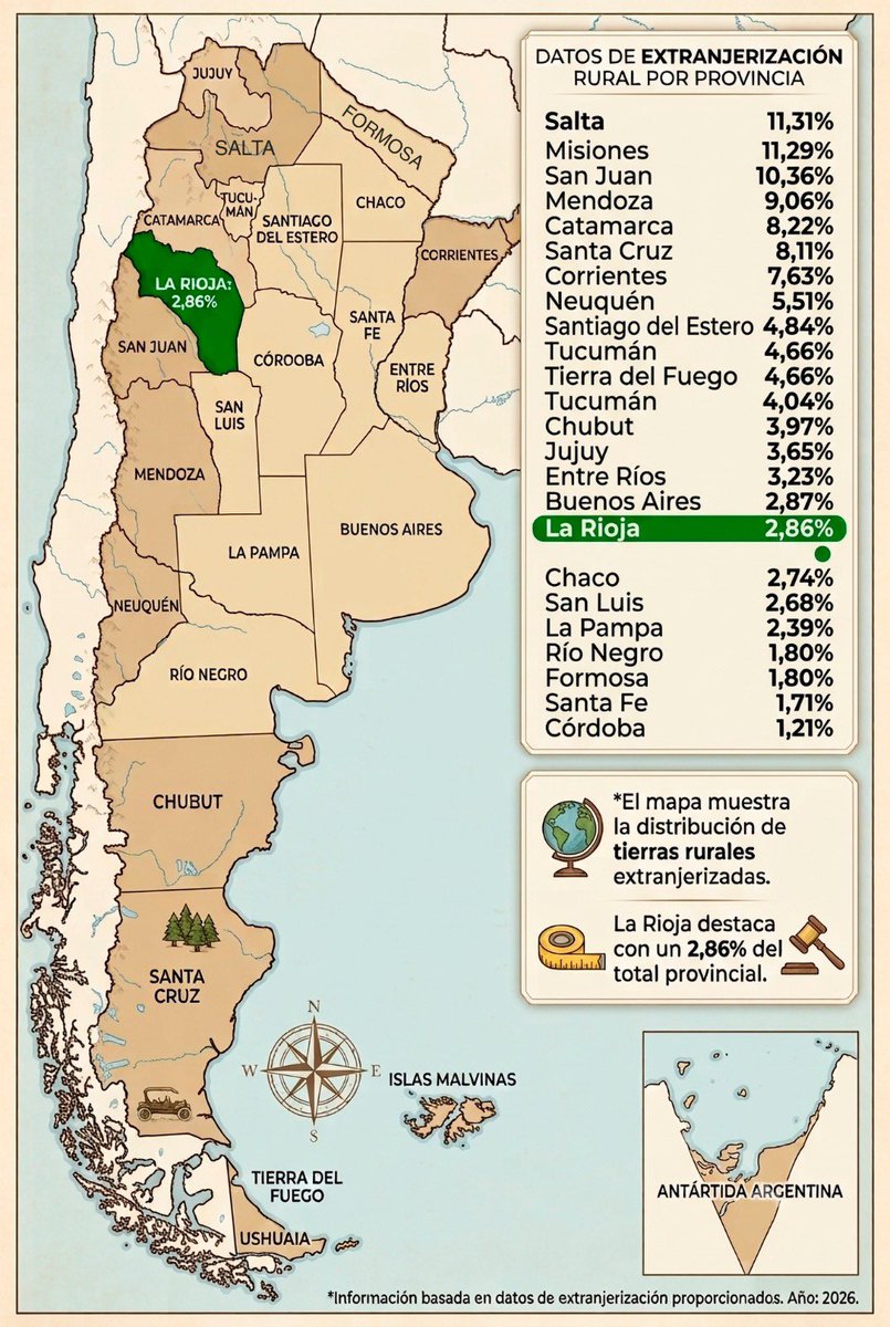 ArielPuy's tweet photo. La Rioja no está en venta.
Y no lo va a estar.

En La Rioja, la defensa de la tierra es una política pública, no un mero discurso. Y eso se refleja en acciones concretas.

✅ Mientras el límite legal de extranjerización es del 15% a nivel nacional, en La Rioja solo el 2,86% de las tierras rurales está en manos de extranjeros.

Ese porcentaje, que anteriormente era del 5,41%, se redujo tras RECUPERAR para el Estado la posesión del Campo El Peñón, departamento Vinchina, en 2022.

Esa decisión también permitió disminuir la extranjerización de las tierras rurales en el departamento General Lamadrid, donde el porcentaje pasó del 56,7% al 34,96%.

✅ La Rioja es la ÚNICA PROVINCIA del país que incorporó a su Constitución la limitación a la extranjerización del territorio.

➡️ Cuando en la Convención Constituyente fundamentamos la importancia de incorporar el artículo 81 que establece que la tierra es un factor de producción y no de renta, definimos que era imperante que contemple la aplicación de una ley provincial que fije los requisitos y las limitaciones para la adquisición de tierras por parte de personas humanas y jurídicas extranjeras.

❌ El Gobierno Nacional pretende que el Congreso apruebe un proyecto de ley que elimine los límites a la adquisición de tierras rurales por parte de extranjeros. Quieren aumentar del 15 al 25% el límite de extranjerización y con una trampa legal, porque elimina la prohibición de comprar tierras donde haya lagos, ríos, humedales y glaciares.

Defender la Ley de Tierras es defender nuestra soberanía, nuestros recursos naturales y el derecho de las futuras generaciones sobre el territorio.

🇦🇷 Todos juntos defendamos nuestra tierra.

#LaPatriaNoSeVende
#DefendamosLaLeyDeTierras 
#NoALaExtranjerización