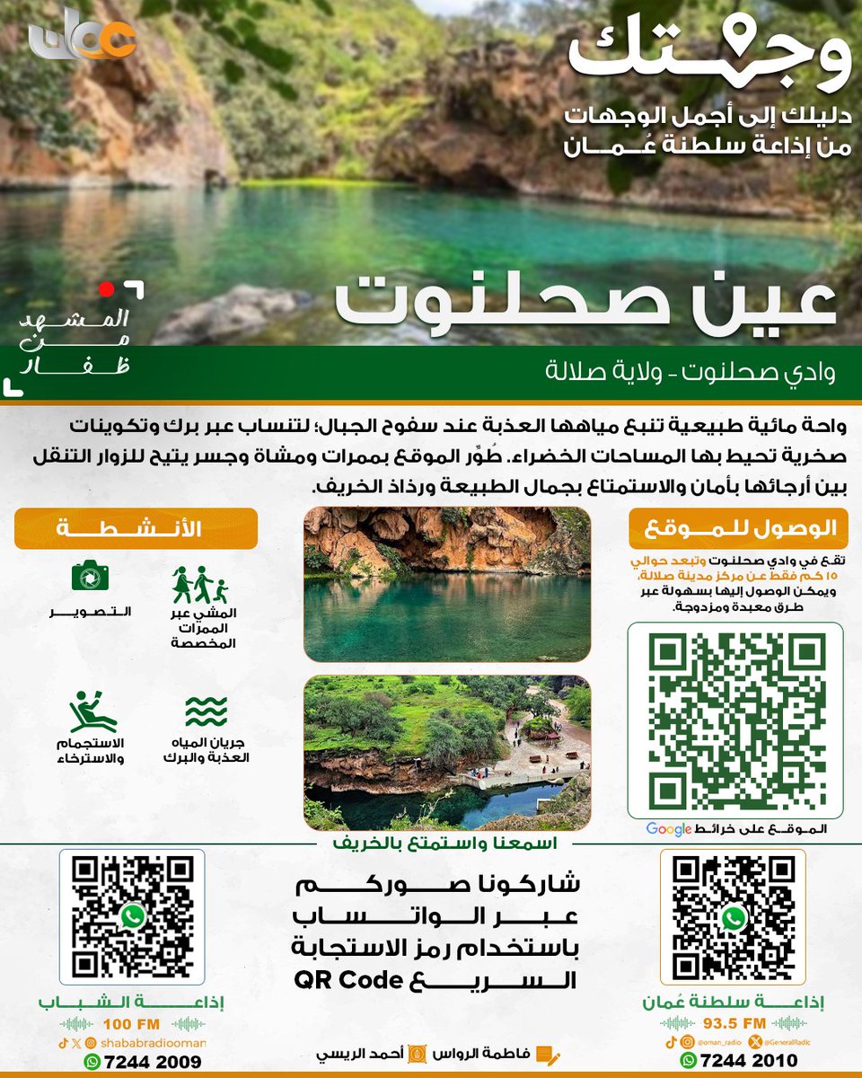 GeneralRadio's tweet photo. #وجهتك 

💧 عين صحلنوت – صلالة: إحدى أشهر العيون الطبيعية وأقربها إلى قلب المدينة! مياه عذبة تدفق بين التكوينات الصخرية والمساحات الخضراء، مع جسر وممرات خشبية تضمن لك جولة استثنائية وسط أجواء #خريف_ظفار.

 ✨ أهم الأنشطة: المشي عبر الجسر والممرات المخصصة، تأمل جريان المياه العذبة، التقاط الصور التذكارية، الاستمتاع بالوجبات والمشروبات من المقهى والعربات المتنقلة.

 ⚠️ نصيحة: يرجى الالتزام بالمسارات والجسر المخصص وتجنب السباحة أو الخوض في البرك المائية العميقة لسلامتكم، مع الحرص التام على نظافة المكان.

 ⛳ الموقع عبر خرائط جوجل: https://t.co/Ov7WQQ06MB 

🎧 اسمعنا واستمتع بالخريف: 

🔸 الإذاعة العامة: 93.5 FM
 🔹 إذاعة الشباب: 100 FM

 📸 شاركونا أجمل صوركم عبر الواتساب باستخدام رمز QR أعلاه. 
📋 فريق العمل: فاطمة الرواس وأحمد الريسي 

#المشهد_من_ظفار #وزارة_الإعلام