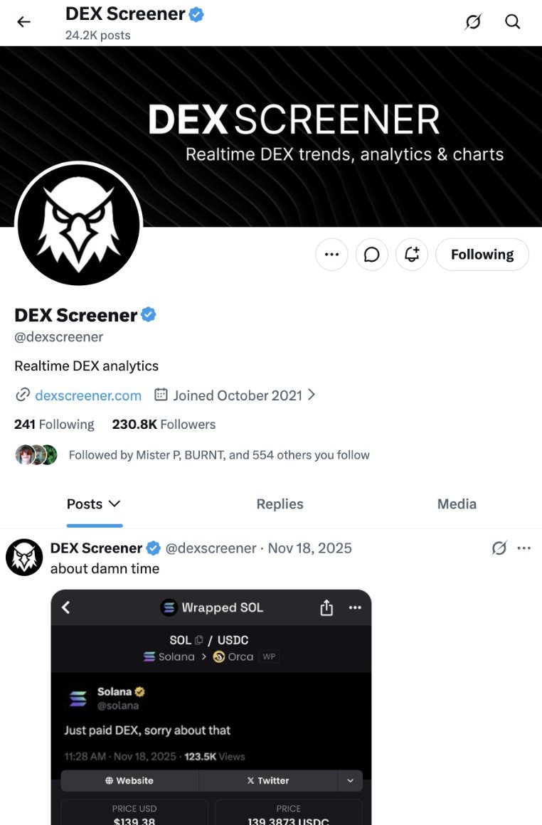 web3family1's tweet photo. @dexscreener hasn't tweeted in 9 months.

Yet they have 10 million monthly users, zero competition, and full control over the trenches.

And made over $100m last year.

No updates, no GM posts, nothing.

Just a good product that everyone uses.

Lesson in there https://t.co/fzrVwMyM7E