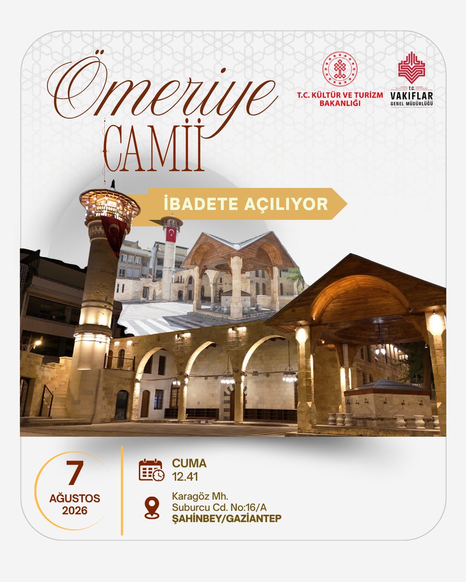 VakiflarGM's tweet photo. 6 Şubat depremlerinde hasar alan Ömeriye Camii, Genel Müdürlüğümüzce sürdürülen çalışmalarla ihya edildi.

Gaziantep’in en eski camisi olarak kabul edilen eser, yarın kılınacak Cuma namazıyla yeniden cemaatiyle buluşacak.

📅 7 Ağustos 2026
⏰ 12.41
📍Karagöz Mh. Suburcu Cd. No:16/A Şahinbey / GAZİANTEP