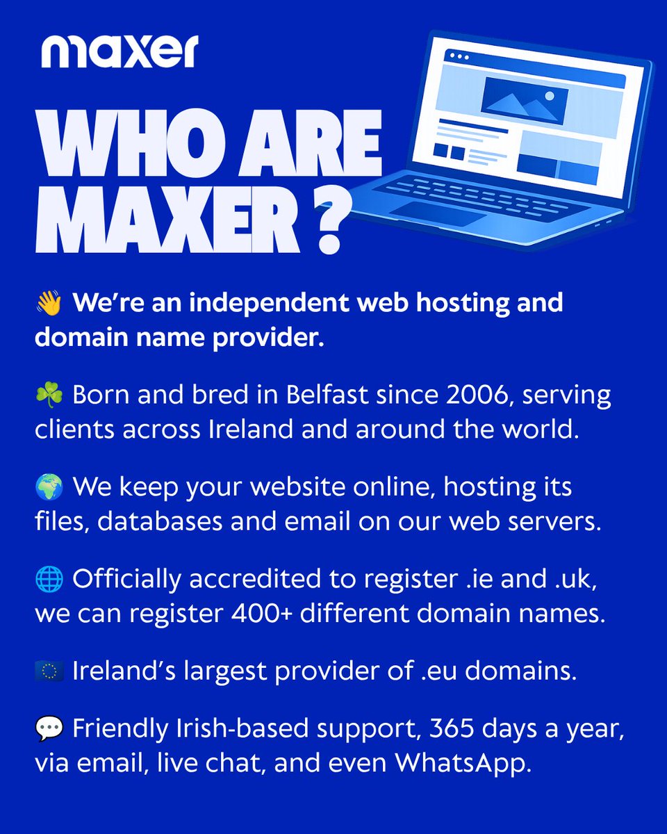 maxerhost's tweet photo. Who are Maxer? 👋

We’re an independent web hosting and domain name company, proudly born and bred in Belfast since 2006.

We help people and businesses get online with web hosting, domain names, email and friendly Irish-based support.

Thanks for following us 💙
#Maxer #Ireland https://t.co/npKbxAcdm2