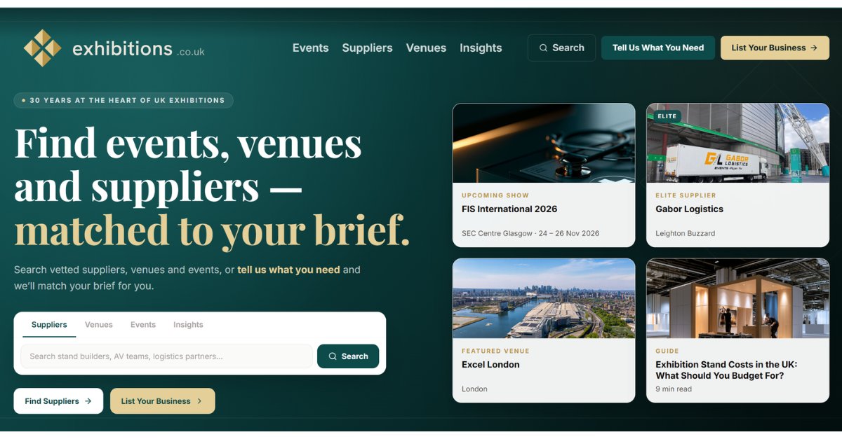 ExhibitionsUK's tweet photo. https://t.co/AYp7G8fX1u has been part of the UK exhibition industry for 30 years. We're rebuilding it into a modern platform for venues, suppliers and organisers. Relaunching Monday.

Suppliers — want your profile set up in advance? DM us.

#EventsIndustry #EventProfsUK https://t.co/4QN45VTq5W