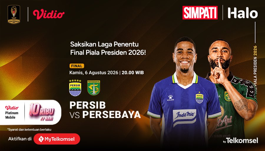 TelkomselHalo's tweet photo. Siapa yang akan keluar sebagai juara Piala Presiden 2026? Saksikan Persib vs Persebaya secara live dan eksklusif di Vidio. Aktifkan Vidio Platinum Extra Mobile Rp40.500 + kuota 2GB/30 hari melalui MyTelkomsel atau https://t.co/STV4gBEgbS. #AutoPuas π https://t.co/SII9KT79k4