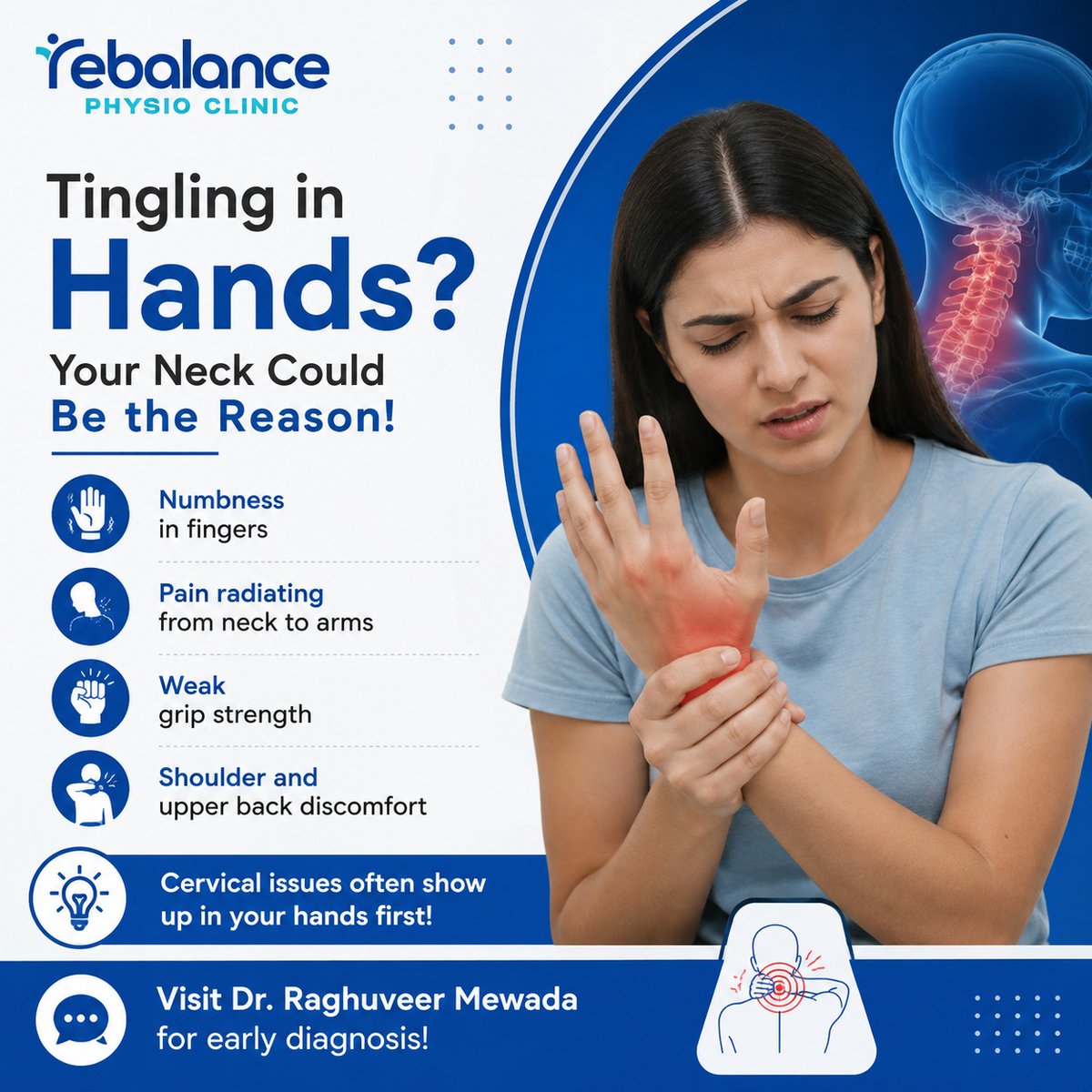 RaghuMewada002's tweet photo. Don't ignore that tingling or numbness in your hands—it could be your neck asking for attention. Early diagnosis and the right treatment can help relieve pain, restore strength &amp; prevent the problem from getting worse. Book your consultation today.

#NeckPainRelief #Physiotherapy https://t.co/yqLax2Q1Ab