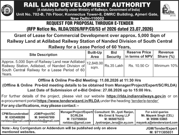 rlda_india's tweet photo. Rail Land Development Authority (RLDA) invites bids through e-tender for the grant of lease for commercial development over approximately 5,000 sqm of railway land at Adilabad Railway Station, Nanded Division of South Central Railway, for a lease period of 60 years.
#RLDA #CommercialDevelopment #RailwayLand #Adilabad #SouthCentralRailway #InfrastructureDevelopment #IndianRailways