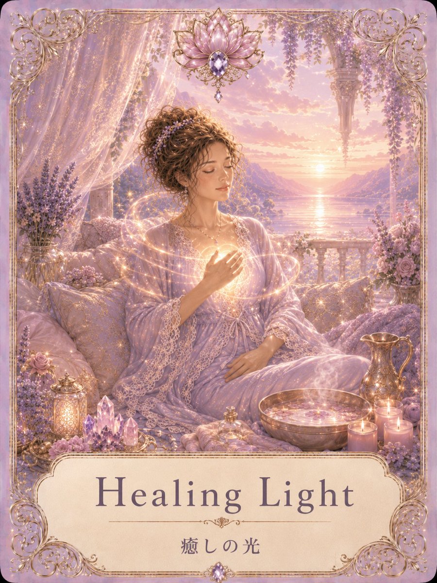 amaneyura24's tweet photo. #デイリーガイダンス
#オラクルカード
🔮「Healing Light｜癒しの光」
8月の光は強��けれど、心まで急がなくて大丈夫てす。疲れた日は、明るく振る舞うより静かに休むことを選んで。朝の光、夕暮れの空、ぬるめのお風呂…小さな癒しを重ねるほど、あなた本来のやわらかな輝きが戻ってきます🌙 https://t.co/jmYApWy6hI
