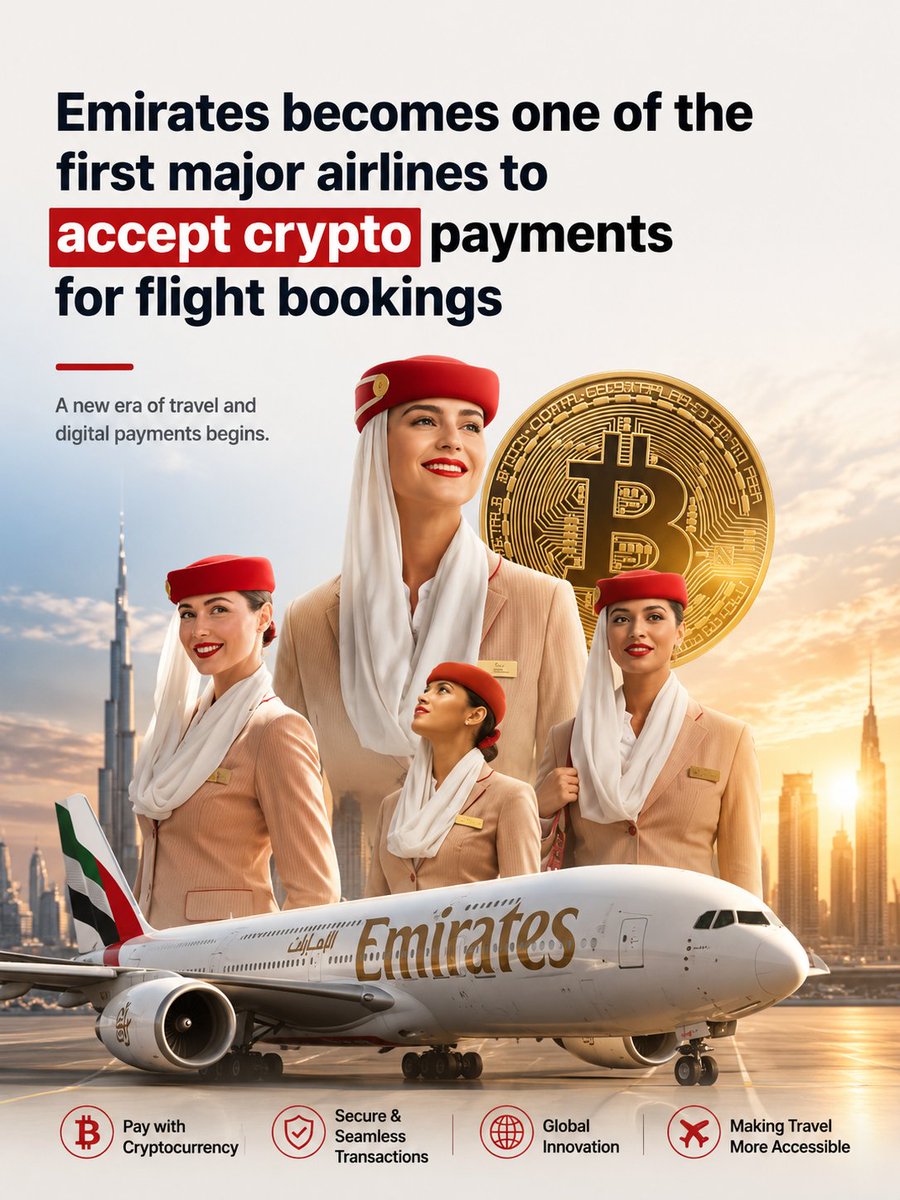BusinessApac's tweet photo. โ๏ธ Emirates is moving toward the future of travel payments by enabling crypto payments through Crypto Pay for eligible UAE customers.
A major step in the convergence of aviation and fintech. ๐โฟ
#Emirates #Crypto #TravelTech https://t.co/7nCBYK1pnE