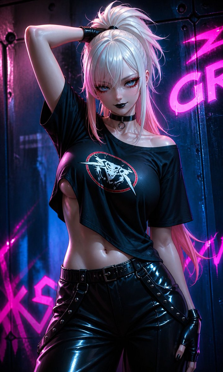 louonai's tweet photo. Turned heads the second I walked in — neon hair, black leather, zero apologies. Some people glow under city lights. I made it a whole look. ✨ #Cyberpunk #StreetFashion #AIArt #CharacterDesign https://t.co/vAc72wTPQ5