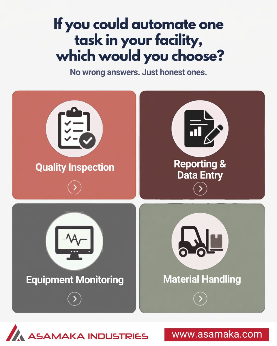 AsamakaIndustry's tweet photo. One task to automate. Which one makes the biggest difference?
Vote below 👇 Learn more at https://t.co/deeK91ojvf
#Automation #CanadianManufacturing #PollAlert #ManufacturingLeadership https://t.co/xEobWWcpa4