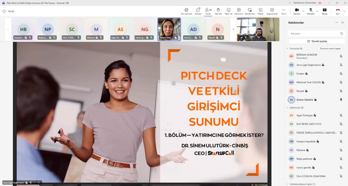 KastamonuTTO's tweet photo. 🚀 To The Future Summer’26’nın dokuzuncu dersinde girişimci adayları; pitch deck hazırlama, hikâyeleştirme, sunum kurgusu ve girişimlerini yatırımcılara etkili biçimde anlatma yöntemlerini Dr. Sinem Ulutürk Cinbiş ile ele aldı.

🔗 https://t.co/NTV2kAUOBo https://t.co/Taqgi4R5SY