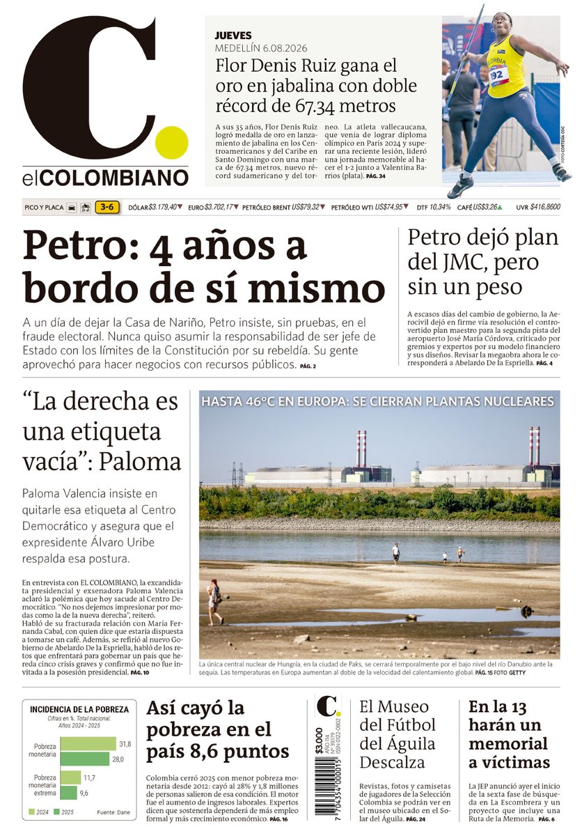 elcolombiano's tweet photo. ¡Buenos días! ☀️ Compartimos la #PortadaEC 🗞️ de este jueves, 6 de agosto. Nos vemos en ➡️ https://t.co/11QZUnhezI con más noticias de Antioquia, Colombia y el mundo. 🌎 https://t.co/349RFPvaFC