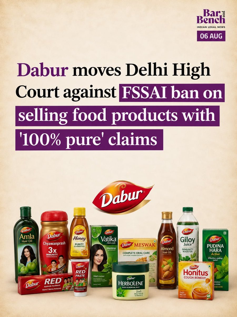 barandbench's tweet photo. Dabur moves Delhi High Court against FSSAI ban on selling food products with '100% pure' claims

Read here: https://t.co/uHCK9wfPQ4 https://t.co/4Ozl6009ie