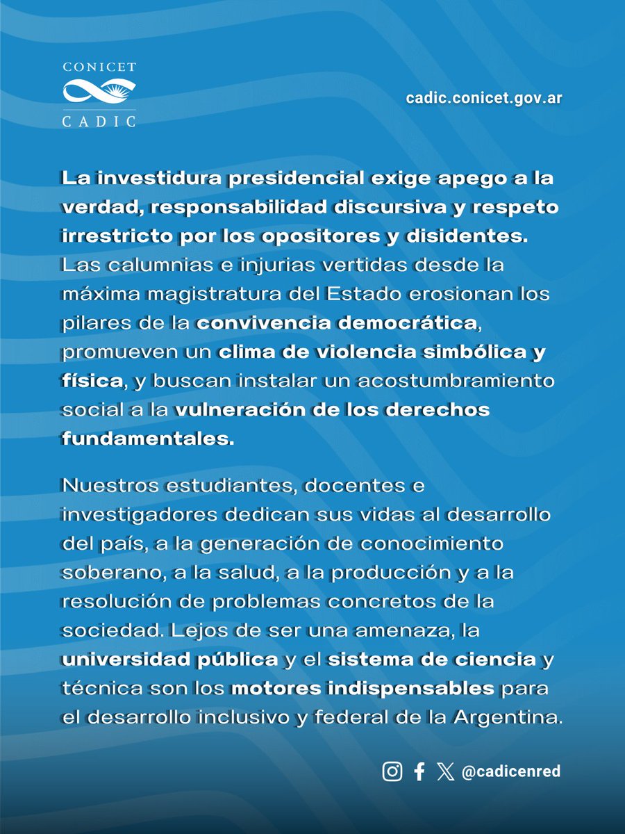 CadicUshuaia's tweet photo. 📢 La Red de Directores de CCTs del CONICET expresa su más enérgico repudio a las descalificaciones presidenciales contra la comunidad científica y universitaria.

📝 Lee el comunicado completo en placas https://t.co/VREJ8McC9P