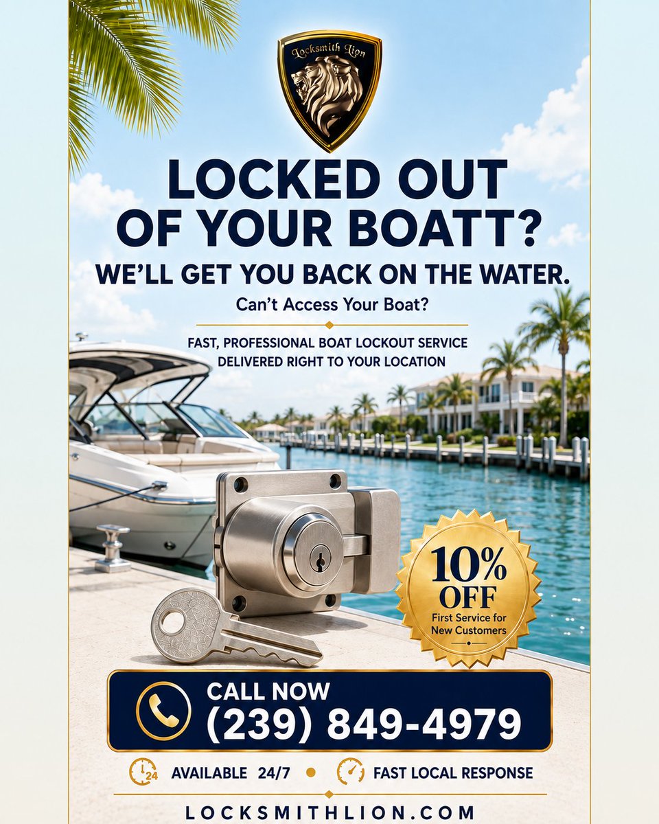locksmithlion1's tweet photo. Locked out of your boat? We’ll get you back on the water.

Professional boat lockout service delivered to your location—available 24/7.

New customers receive 10% OFF their first service.

📞 (239) 849-4979
https://t.co/T5KRT3QCSn https://t.co/GuX1Ll9s68