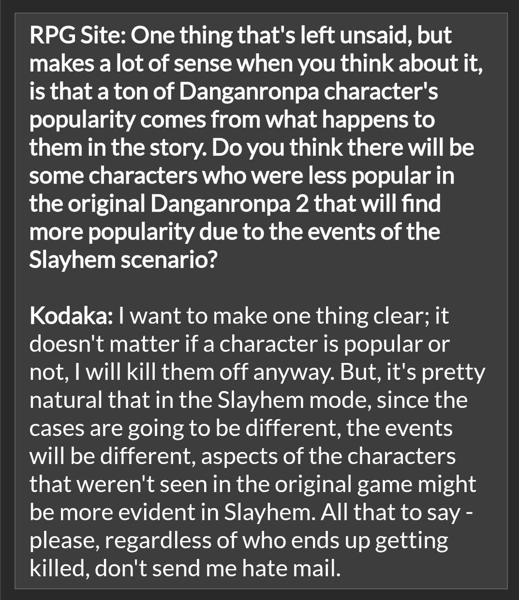 roxochixo's tweet photo. New Danganronpa 2x2 interview:

- Character popularity has been largely discarded when writing this games culprits and victims (2x2 prediction video going bankrupt rn)

- Slayhem is considered to be harder than SDR2 because of its more elaborate cases. Thank you goat Takekuni https://t.co/I1ZGouWP4S