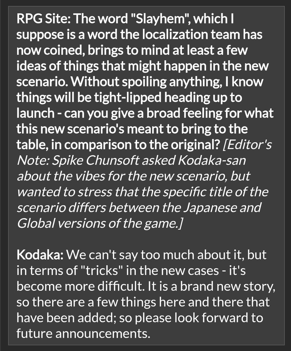 roxochixo's tweet photo. New Danganronpa 2x2 interview:

- Character popularity has been largely discarded when writing this games culprits and victims (2x2 prediction video going bankrupt rn)

- Slayhem is considered to be harder than SDR2 because of its more elaborate cases. Thank you goat Takekuni https://t.co/I1ZGouWP4S