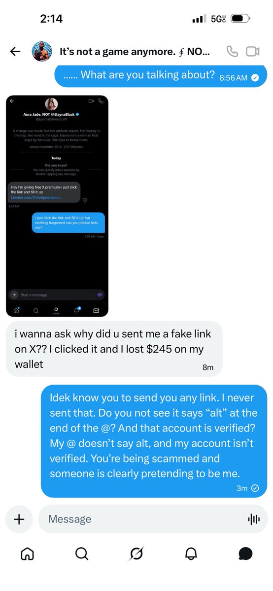 EpochalGlamour's tweet photo. |• Y’all… beware of this scam going on. Someone pretending to have a fake screenshot of your “account” that looks similar to yours. Asking about a link and they lost money. Claiming they reported you, just so you can click on a link and they steal your money fr. Smh, weirdos. https://t.co/u239TA55zT