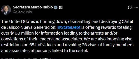 GFNIND's tweet photo. 🚨 BREAKING: The United States has intensified its crackdown on the Jalisco New Generation Cartel (CJNG).According to U.S. Secretary of State Marco Rubio, 

the State Department is offering more than $100 million in rewards for information leading to the arrest or conviction of the cartel's leaders and associates.The U.S. has also:Revoked 26 visas of family members and associates linked to the cartel.

Imposed visa restrictions on 65 additional individuals connected to the organization.

🗣️ Marco Rubio: "The United States is hunting down, dismantling, and destroying Cártel de Jalisco Nueva Generación.