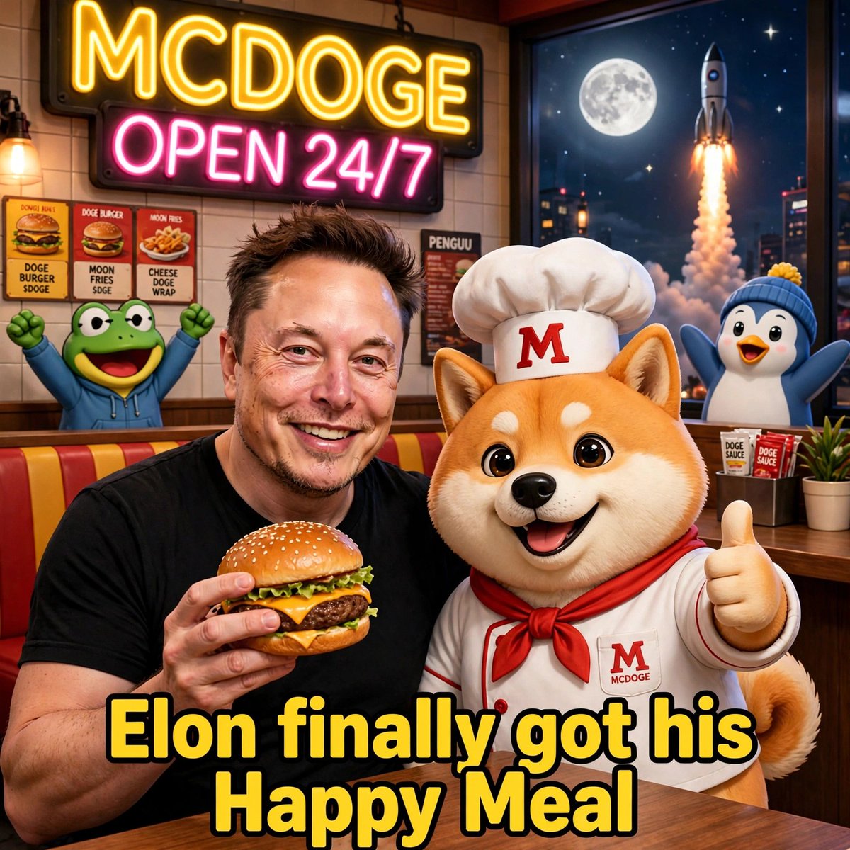 NekoShinobix's tweet photo. ELON FINALLY GOT HIS HAPPY MEAL 🍔

PEPE and PENGU can't believe it 😂

From "I'd eat a Happy Meal on TV" to eating at MCDOGE Restaurant

The circle is complete. The restaurant is real.

$MCDOGE — The Happiest Restaurant in Crypto
Built on @solana

#MCDOGE #ELON #DOGE #SOLANA #MEME
@MCDOGECRYPREST
