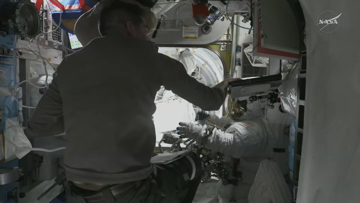_jaykeegan_'s tweet photo. NASA Astronauts Jessica Meir and Anil Menon are preparing for the first of a series of EVAs for Expedition 75.

The goal for today's spacewalk is to prepare the station's 3B power channel to receive an ISS Roll-Out Solar Array.

Live Telemetry: https://t.co/9pnD41VJb3

@NASASpaceflight