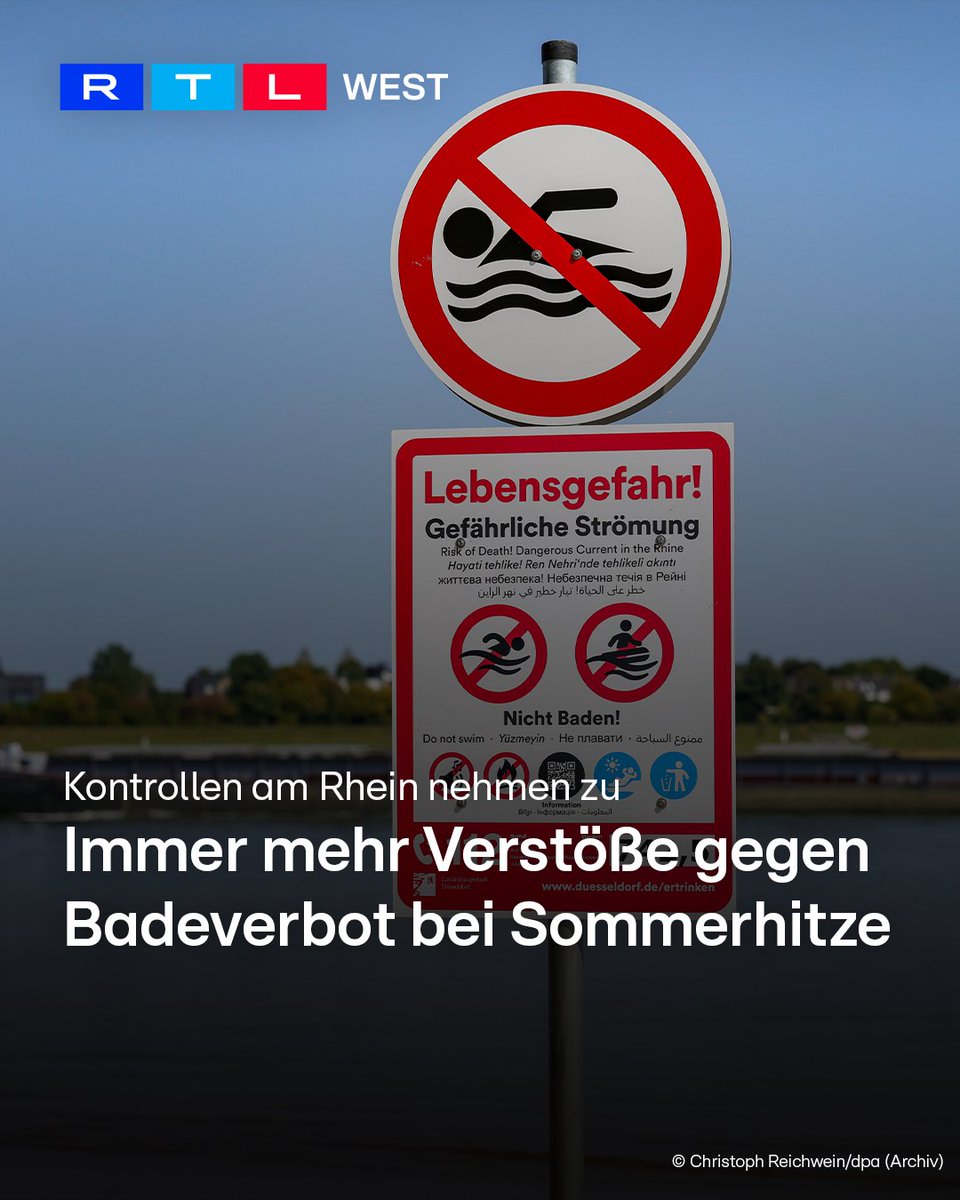 RTLWEST's tweet photo. Die #Hitzewelle sorgt am #Rhein für mehr Verstöße gegen das #Badeverbot. Viele Städte in Nordrhein-Westfalen kontrollieren deshalb verstärkt. Allein in #Düsseldorf wurden in diesem Jahr schon 110 Bußgeldverfahren eingeleitet. In #Köln gab es bislang 28 Bußgeldbescheide. Erlaubt ist nur, bis zu den Knöcheln ins #Wasser zu gehen. Viele Kommunen setzen zunächst auf Aufklärung über die Gefahren. Trotzdem kam es auch in diesem Jahr schon zu mehreren tödlichen Unglücken im Rhein. Die Städte berichten jedoch, dass sich die meisten Menschen an das Badeverbot halten. #Bußgelder können je nach Kommune bis zu 1.000 Euro betragen.