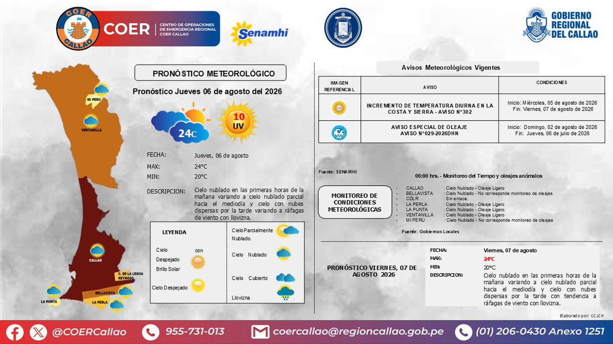 COERCallao's tweet photo. Pronóstico Meteorológico para el Jueves 06 de agosto. #Callao #Bellavista #CarmenDelaLeguaReynoso #laPerla #LaPunta #MiPeru #Ventanilla #GobiernoRegionalDelCallao #COERInforma https://t.co/43DK06vhsi