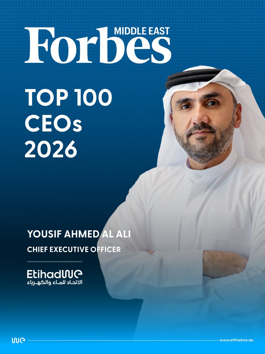 EtihadWE's tweet photo. Eng. Yousif Ahmed Al Ali, CEO of EtihadWE has been named among Forbes Middle East’s Top 100 CEOs for 2026.

We congratulate him on this recognition, which reflects his leadership and significant contributions to advancing transformation &amp; sustainable development.

#forbes https://t.co/5InxKr5N6J